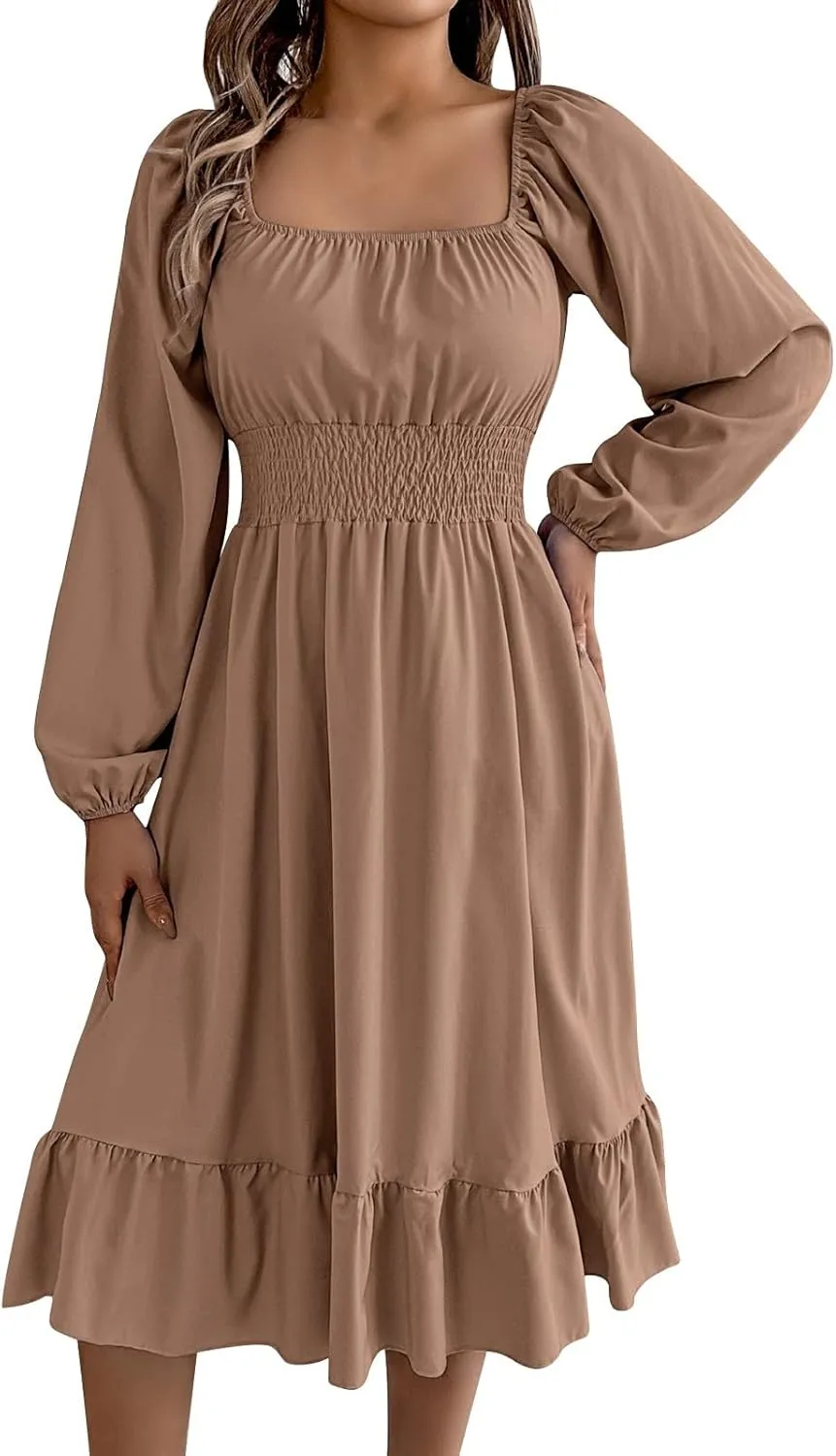 Maxi Dresses for Women Summer Elegant Square Neck Long Sleeve Beach Dress Flowy Pleated A Line Ruched Vacation Dress
