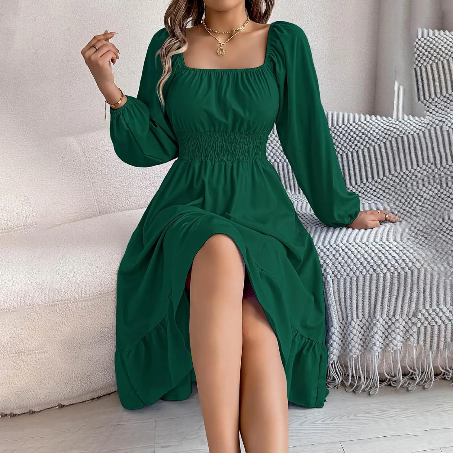 Maxi Dresses for Women Summer Elegant Square Neck Long Sleeve Beach Dress Flowy Pleated A Line Ruched Vacation Dress