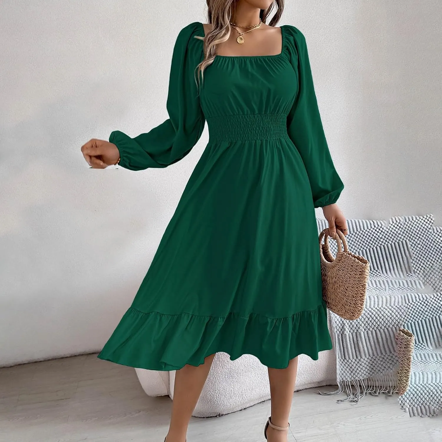 Maxi Dresses for Women Summer Elegant Square Neck Long Sleeve Beach Dress Flowy Pleated A Line Ruched Vacation Dress