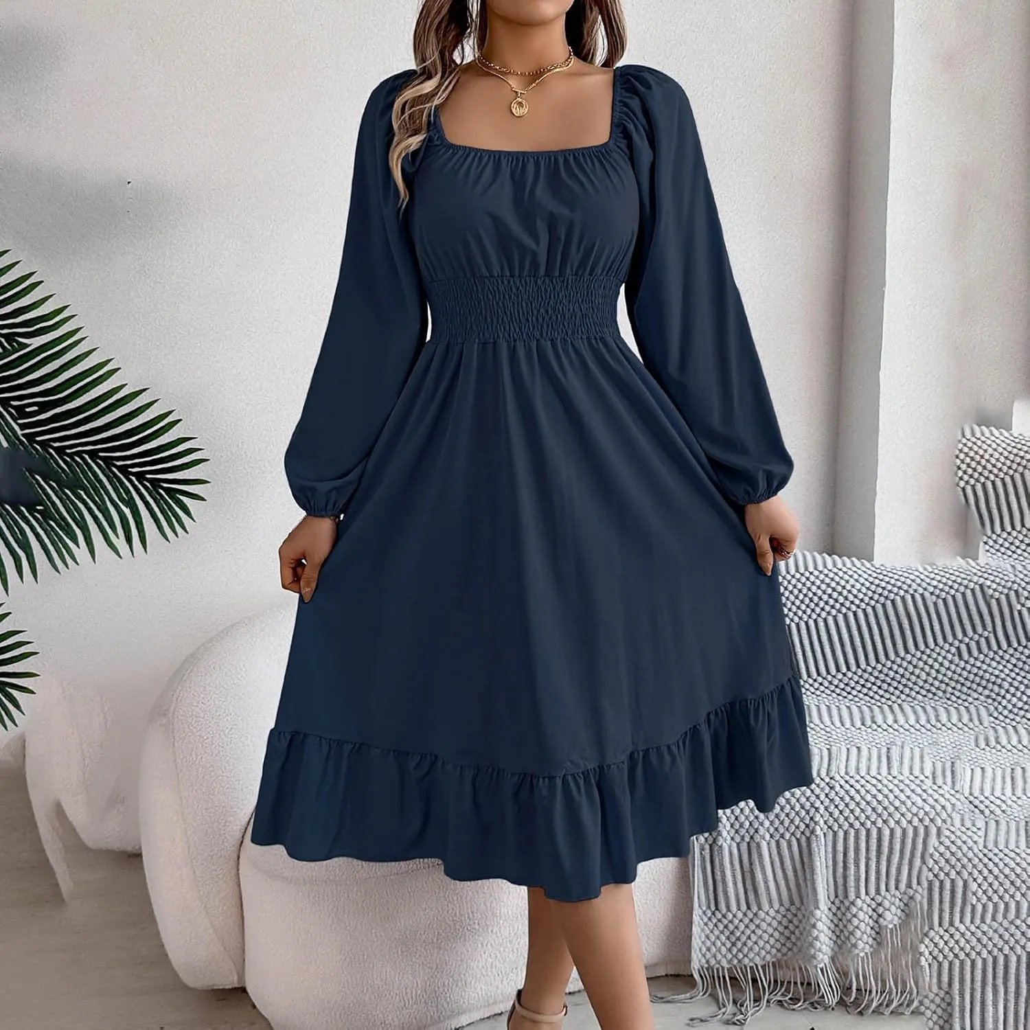 Maxi Dresses for Women Summer Elegant Square Neck Long Sleeve Beach Dress Flowy Pleated A Line Ruched Vacation Dress