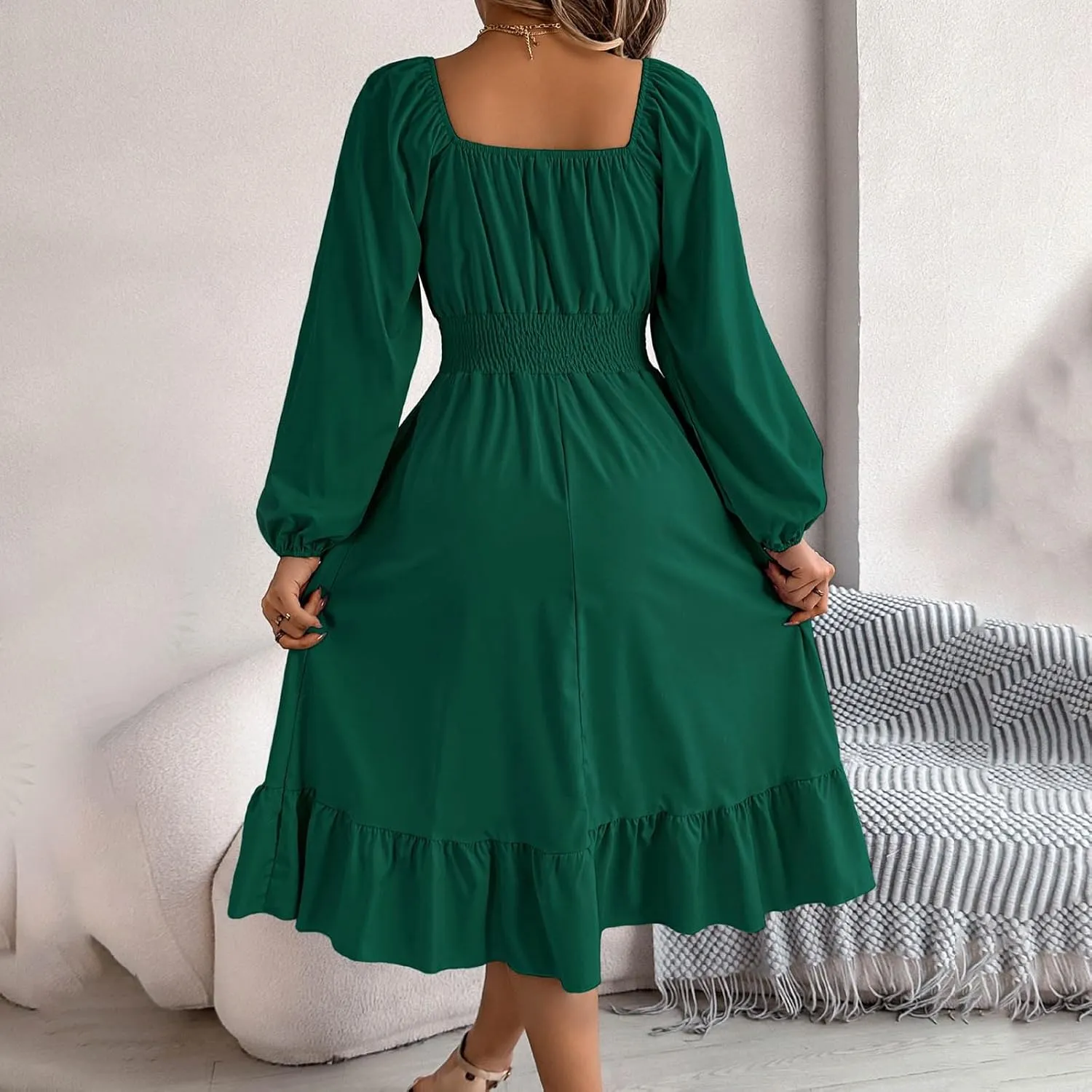 Maxi Dresses for Women Summer Elegant Square Neck Long Sleeve Beach Dress Flowy Pleated A Line Ruched Vacation Dress