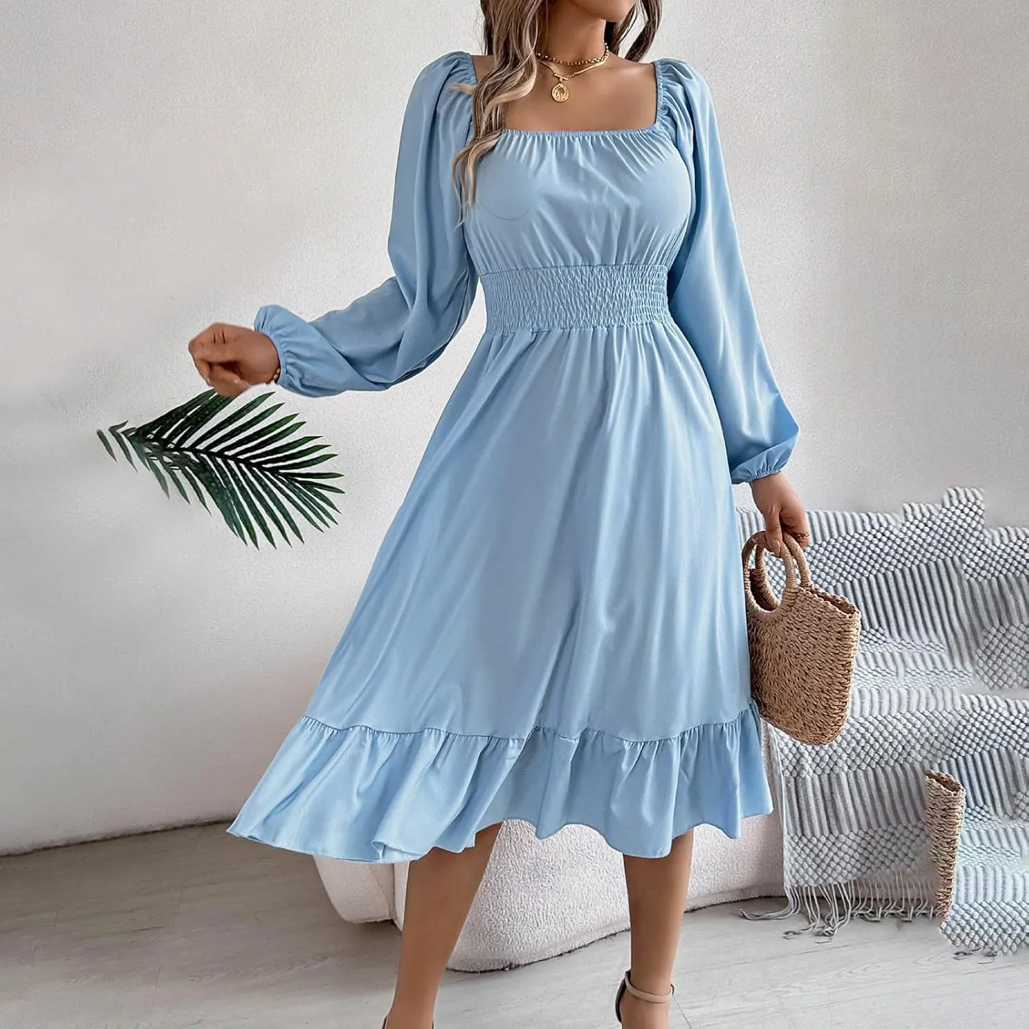 Maxi Dresses for Women Summer Elegant Square Neck Long Sleeve Beach Dress Flowy Pleated A Line Ruched Vacation Dress