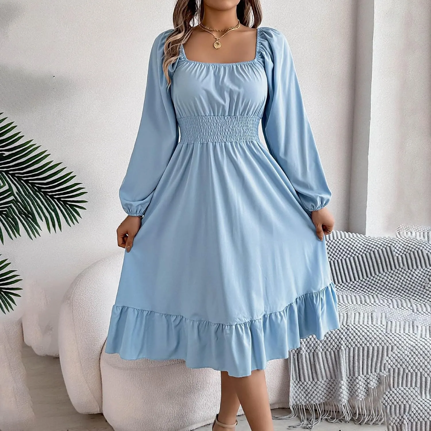 Maxi Dresses for Women Summer Elegant Square Neck Long Sleeve Beach Dress Flowy Pleated A Line Ruched Vacation Dress