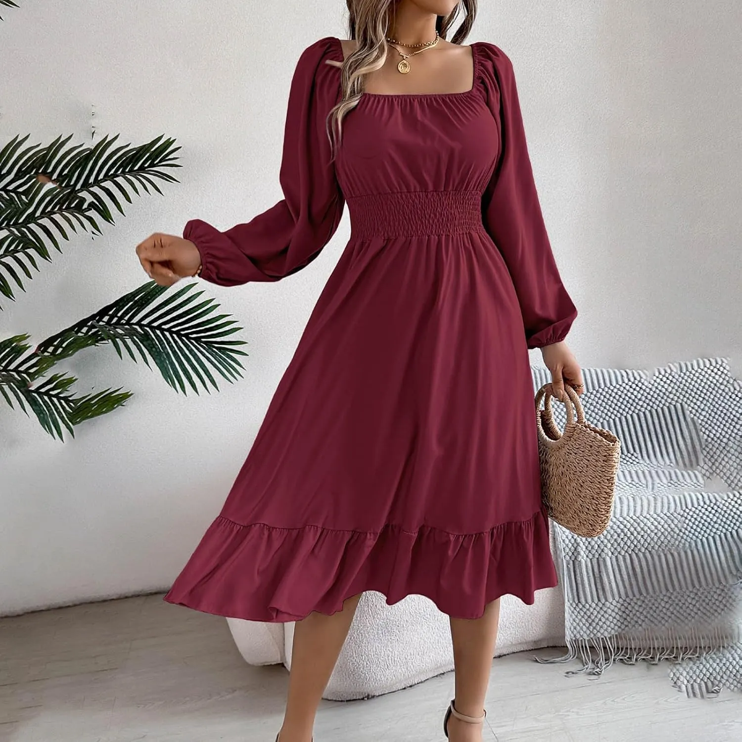 Maxi Dresses for Women Summer Elegant Square Neck Long Sleeve Beach Dress Flowy Pleated A Line Ruched Vacation Dress
