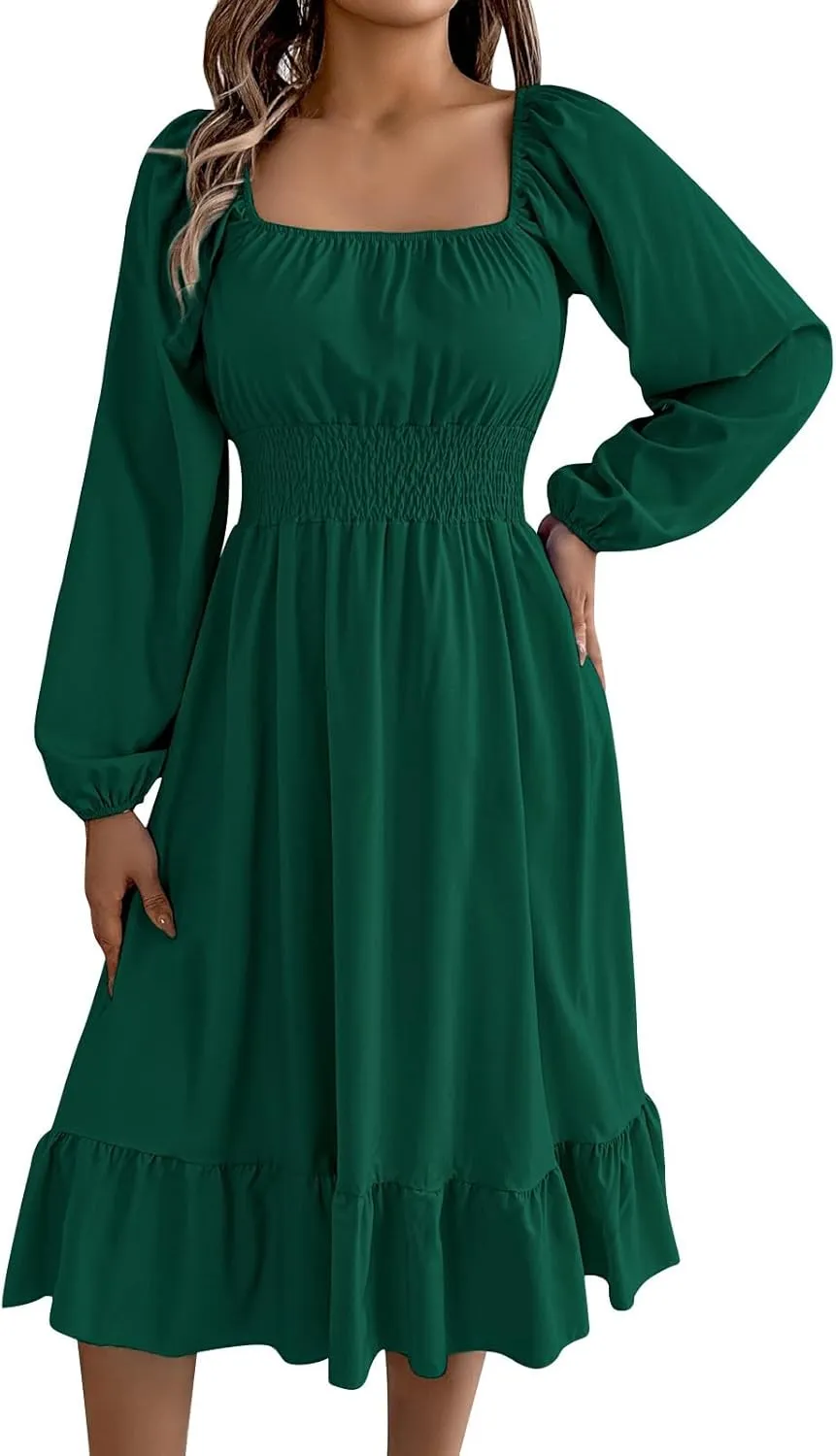 Maxi Dresses for Women Summer Elegant Square Neck Long Sleeve Beach Dress Flowy Pleated A Line Ruched Vacation Dress