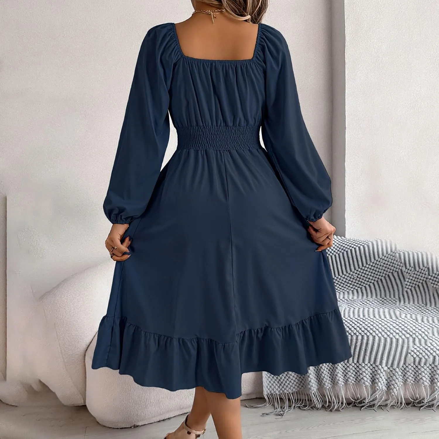 Maxi Dresses for Women Summer Elegant Square Neck Long Sleeve Beach Dress Flowy Pleated A Line Ruched Vacation Dress