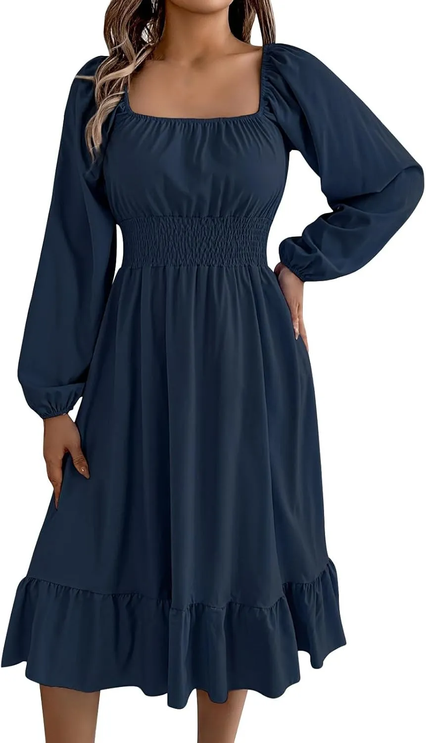 Maxi Dresses for Women Summer Elegant Square Neck Long Sleeve Beach Dress Flowy Pleated A Line Ruched Vacation Dress