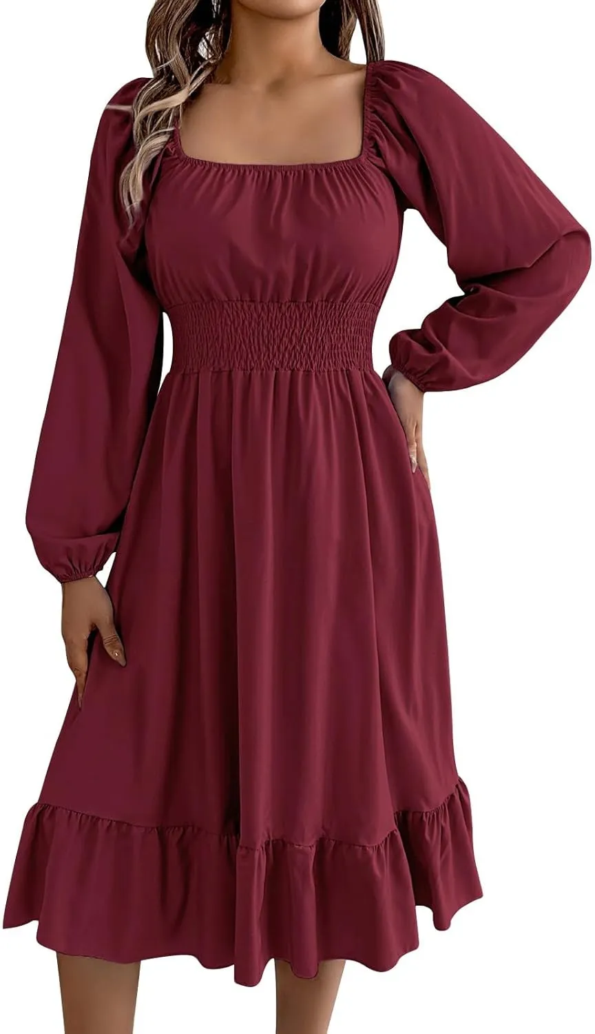 Maxi Dresses for Women Summer Elegant Square Neck Long Sleeve Beach Dress Flowy Pleated A Line Ruched Vacation Dress