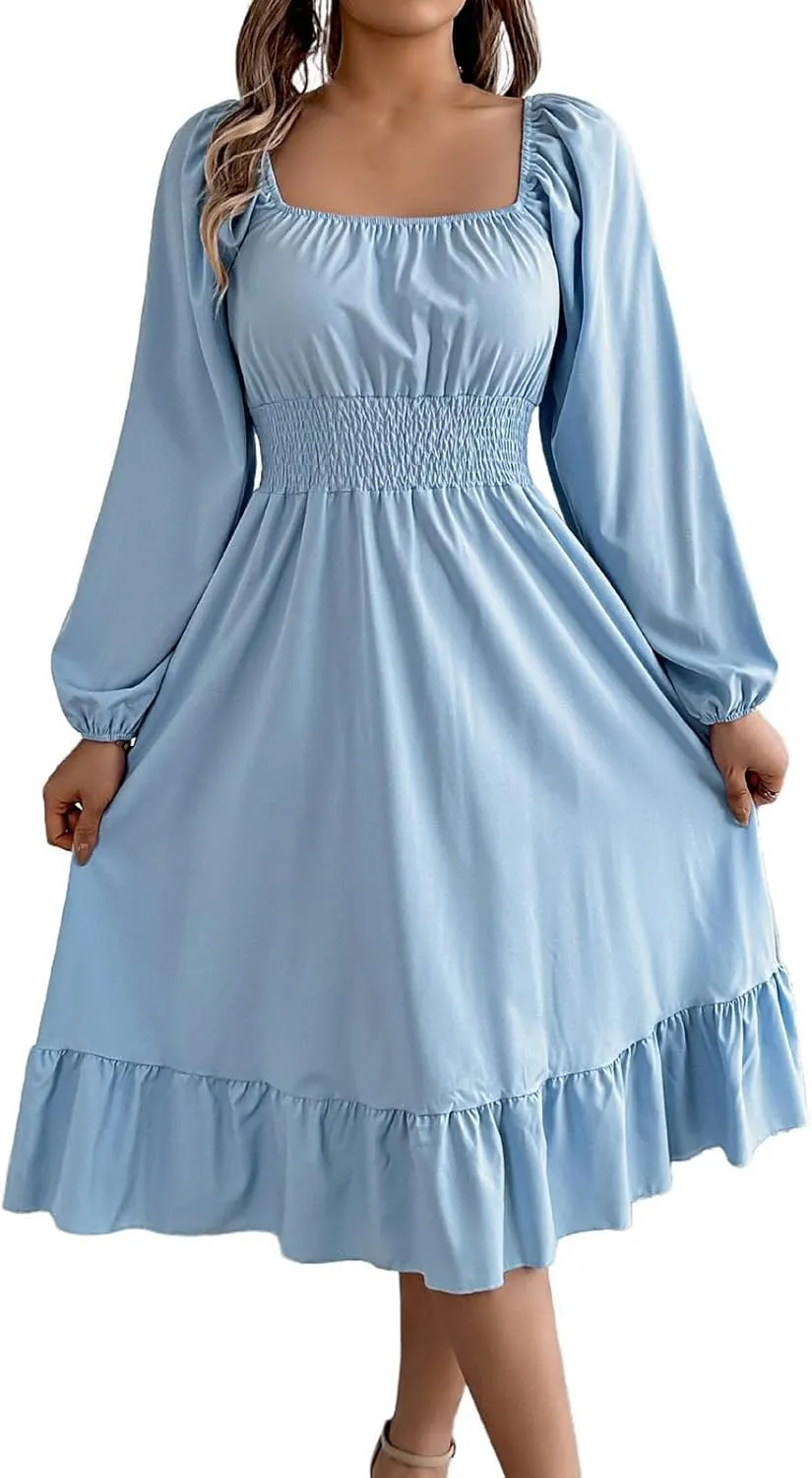 Maxi Dresses for Women Summer Elegant Square Neck Long Sleeve Beach Dress Flowy Pleated A Line Ruched Vacation Dress