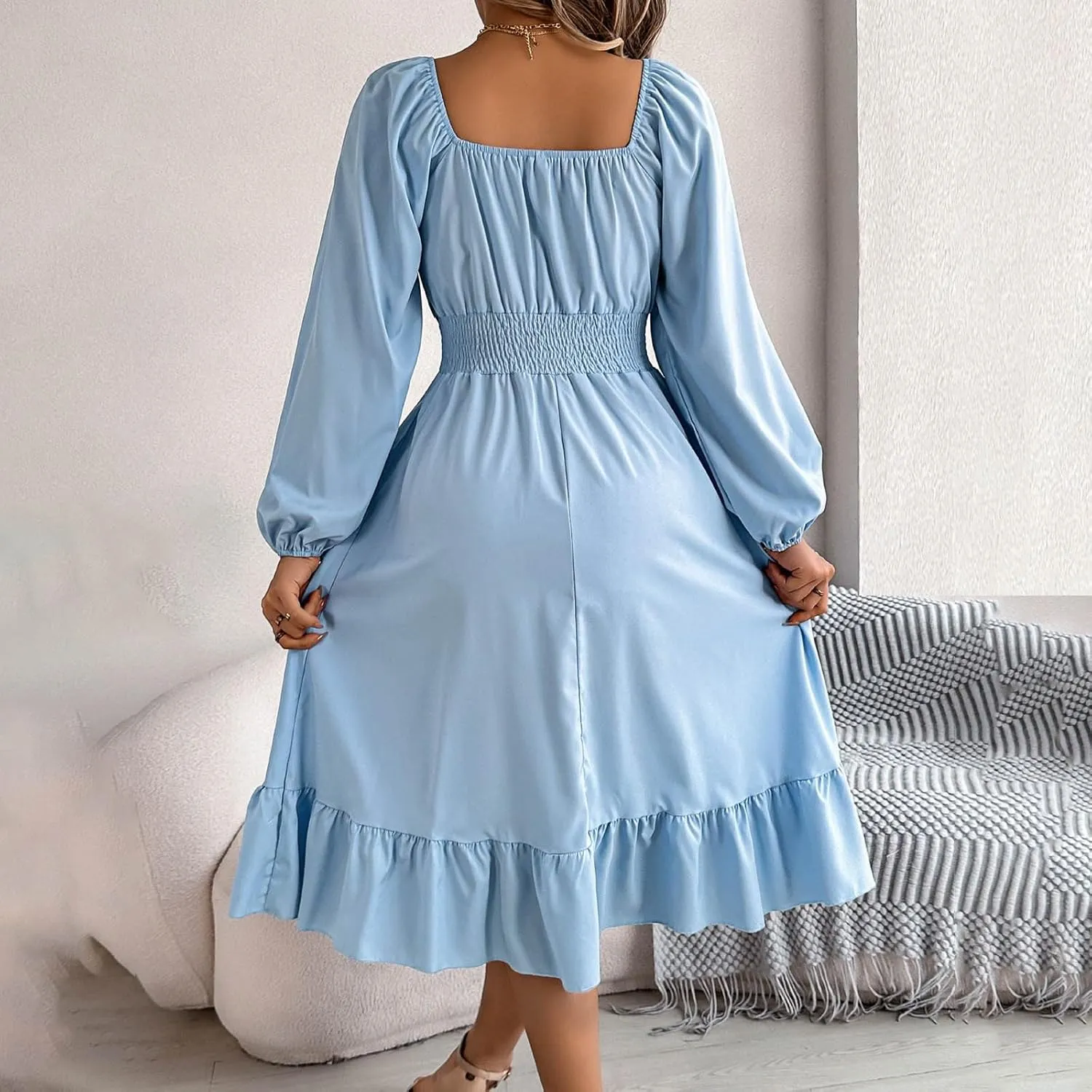 Maxi Dresses for Women Summer Elegant Square Neck Long Sleeve Beach Dress Flowy Pleated A Line Ruched Vacation Dress
