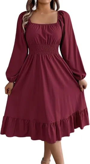 Maxi Dresses for Women Summer Elegant Square Neck Long Sleeve Beach Dress Flowy Pleated A Line Ruched Vacation Dress