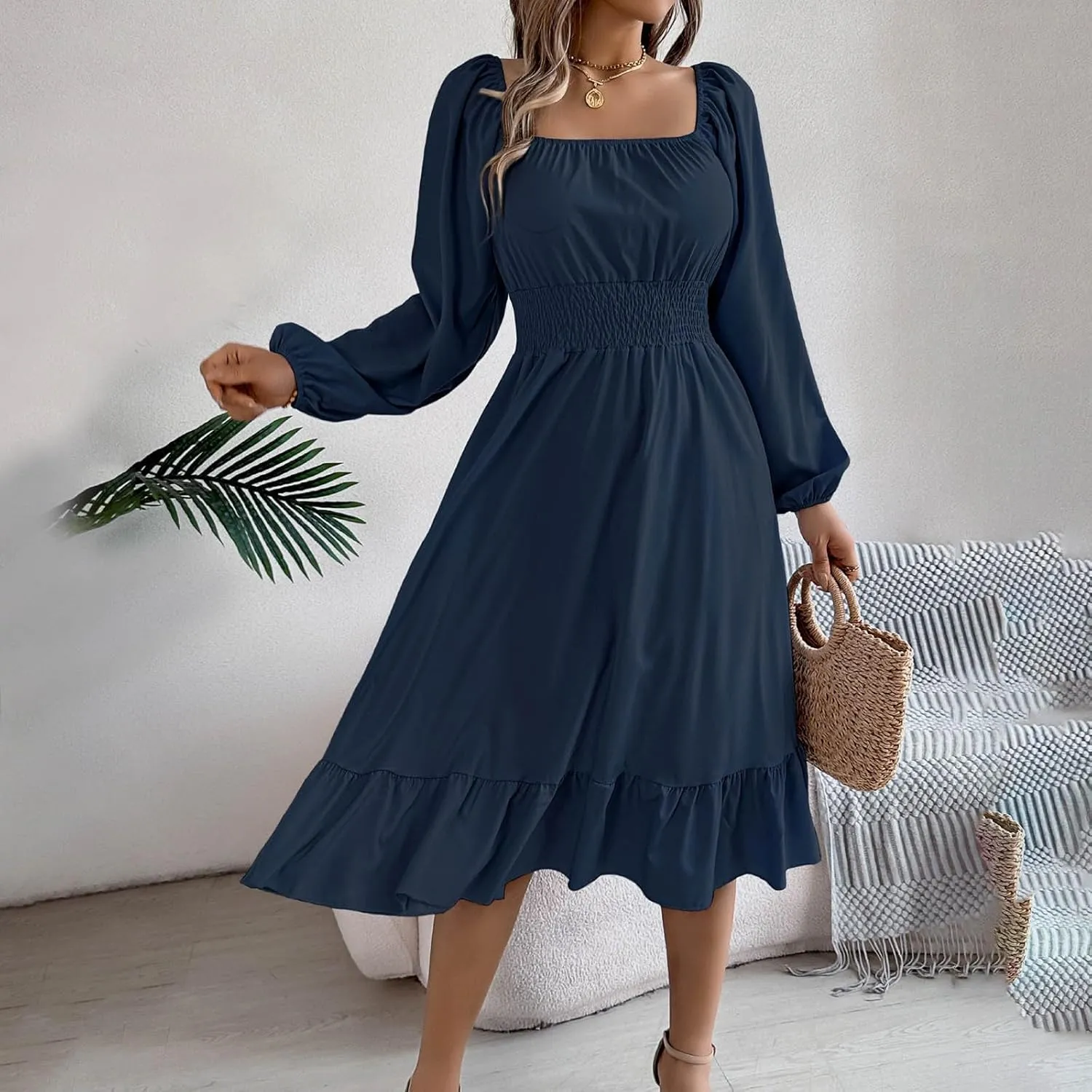 Maxi Dresses for Women Summer Elegant Square Neck Long Sleeve Beach Dress Flowy Pleated A Line Ruched Vacation Dress