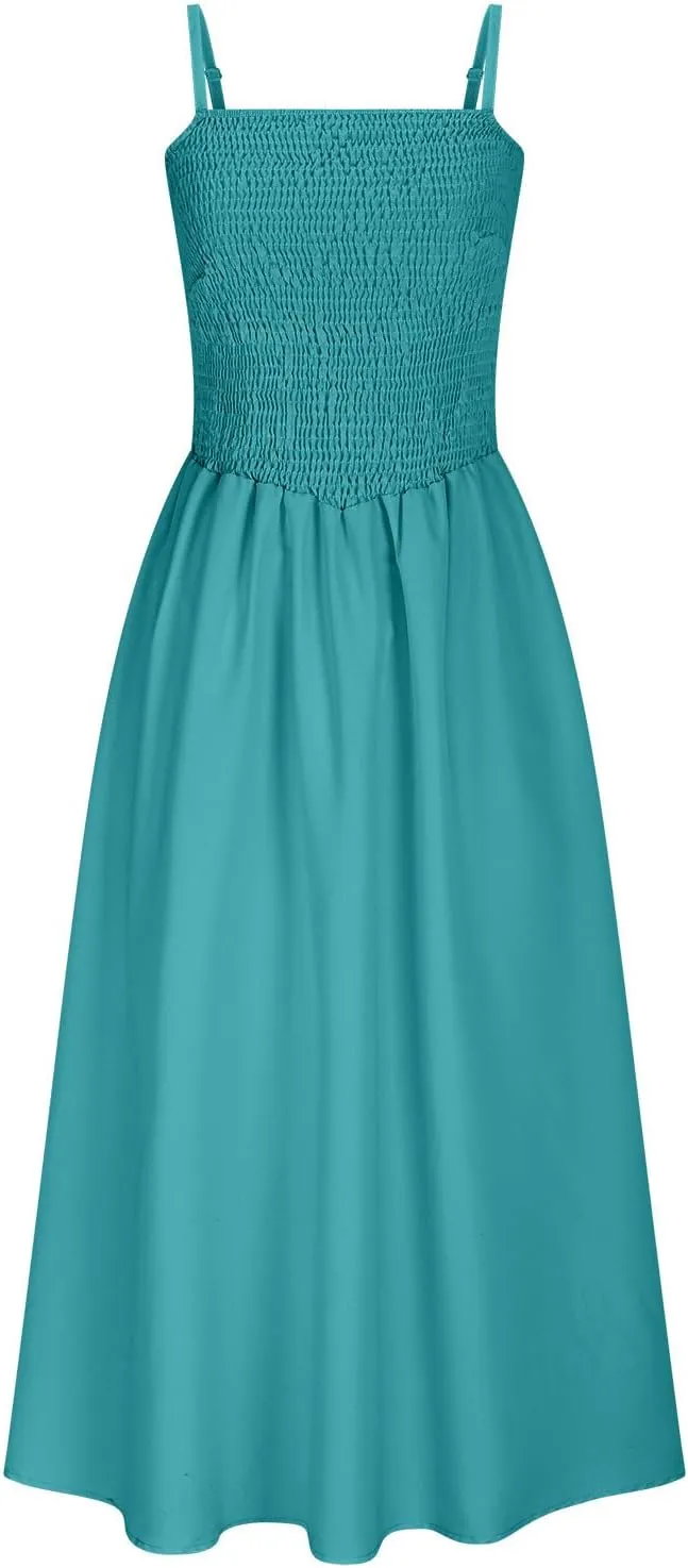 Maxi Sundresses for Women Smocked Square Neck Spaghetti Strap Skater Dress Summer Tiered Ruffle Dresses with Pockets