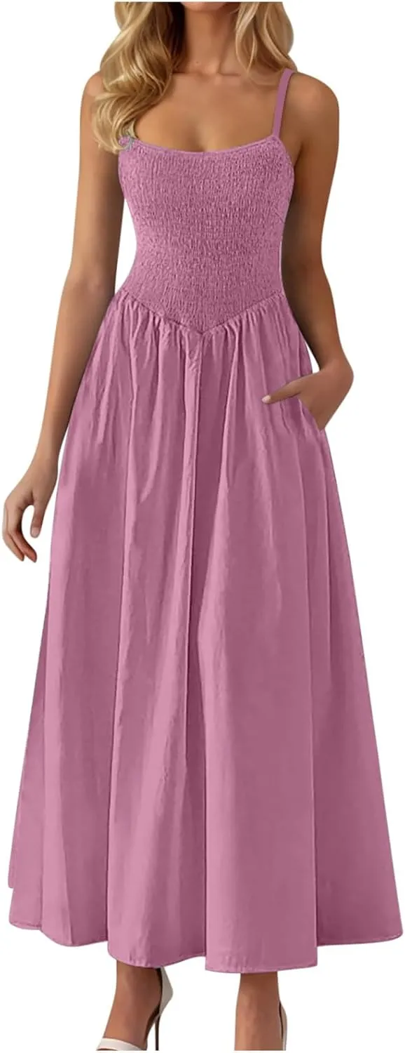 Maxi Sundresses for Women Smocked Square Neck Spaghetti Strap Skater Dress Summer Tiered Ruffle Dresses with Pockets