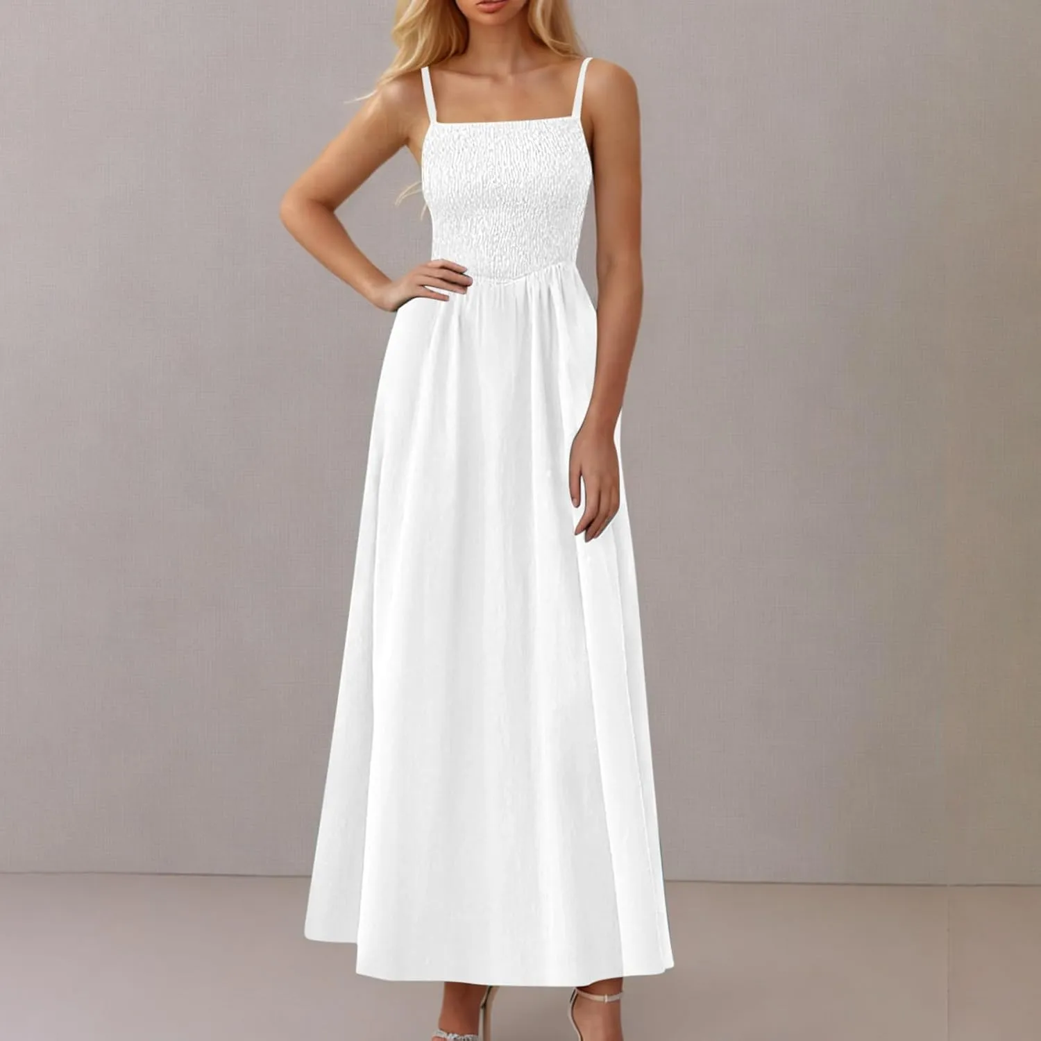 Maxi Sundresses for Women Smocked Square Neck Spaghetti Strap Skater Dress Summer Tiered Ruffle Dresses with Pockets