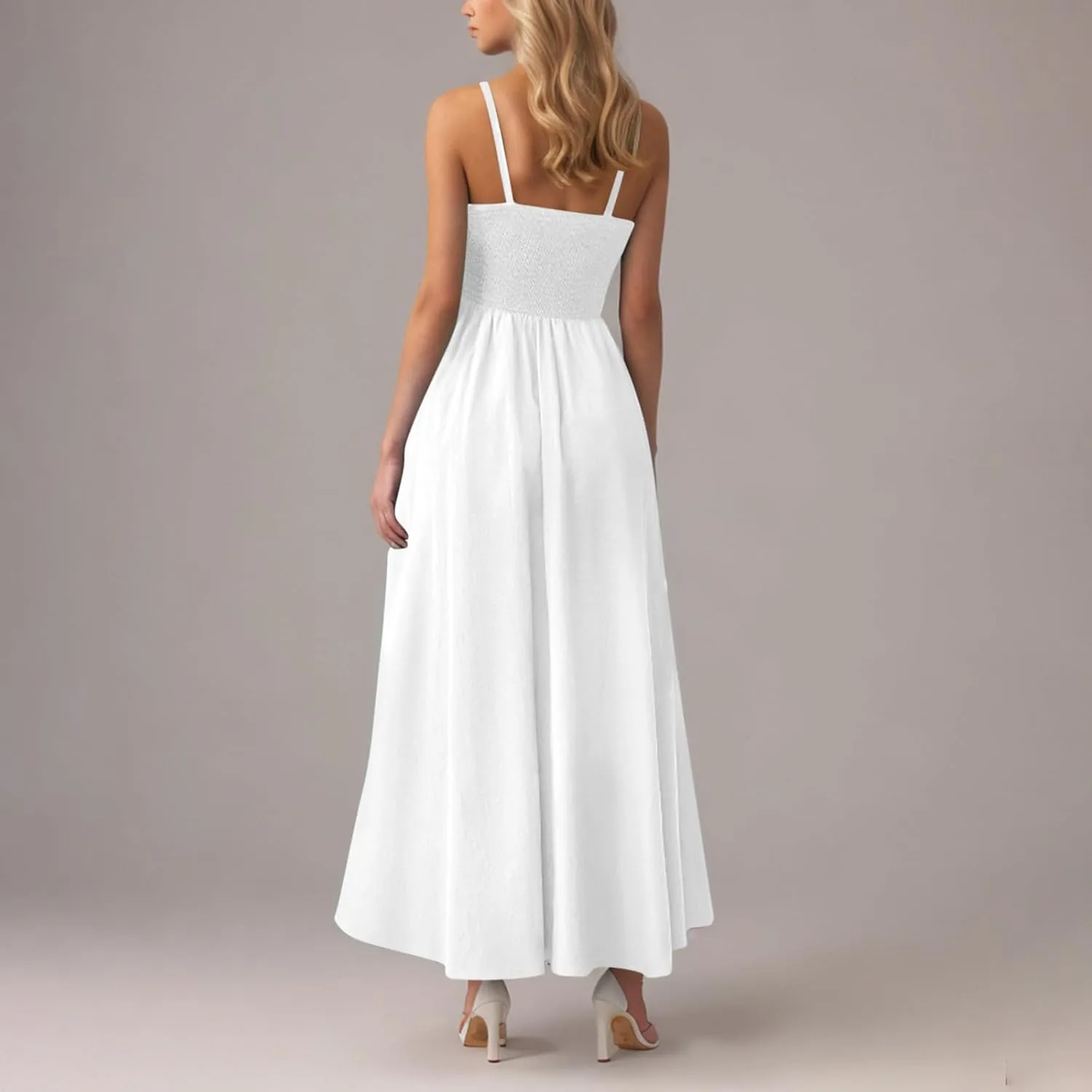 Maxi Sundresses for Women Smocked Square Neck Spaghetti Strap Skater Dress Summer Tiered Ruffle Dresses with Pockets