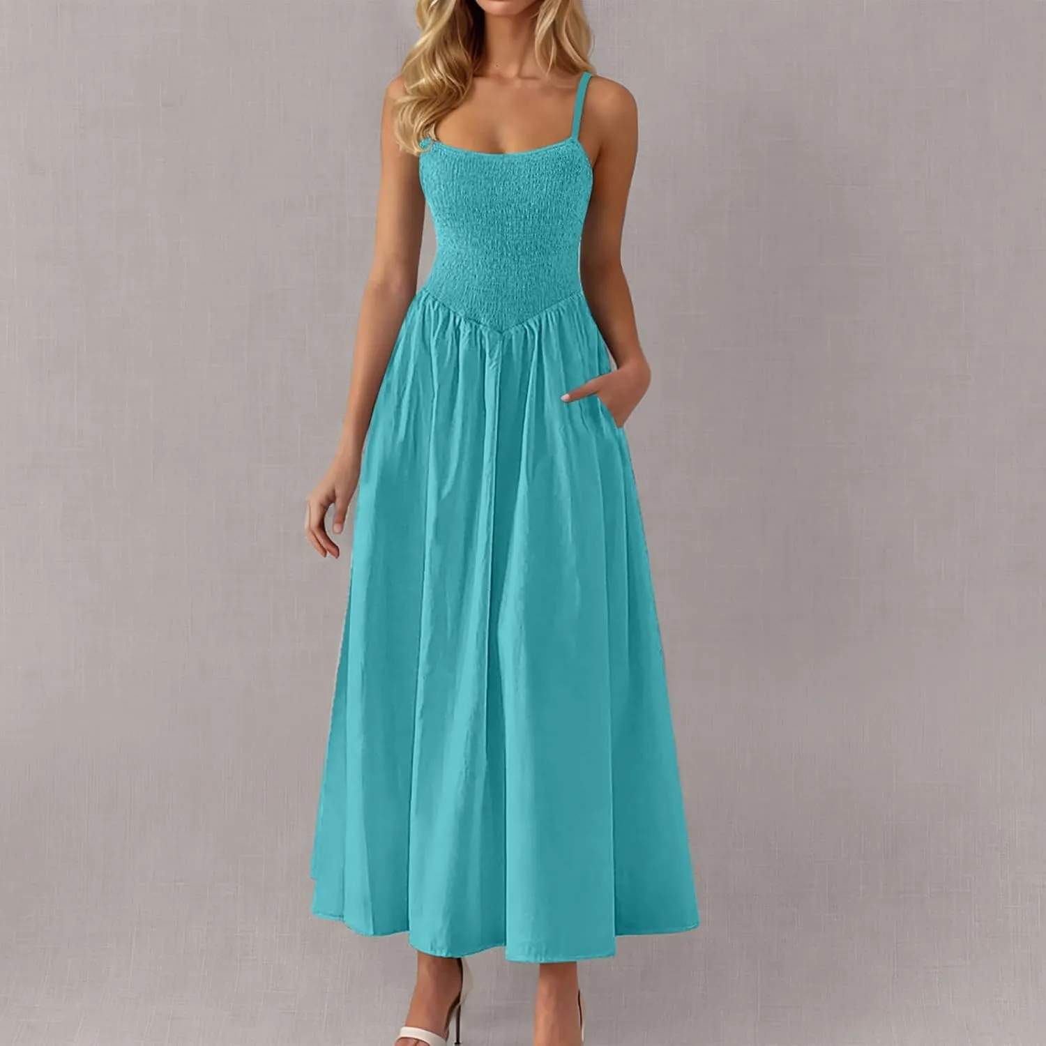 Maxi Sundresses for Women Smocked Square Neck Spaghetti Strap Skater Dress Summer Tiered Ruffle Dresses with Pockets