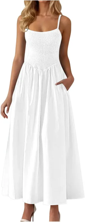 Maxi Sundresses for Women Smocked Square Neck Spaghetti Strap Skater Dress Summer Tiered Ruffle Dresses with Pockets