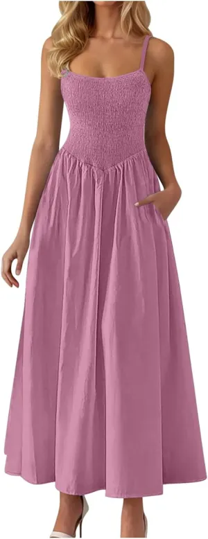 Maxi Sundresses for Women Smocked Square Neck Spaghetti Strap Skater Dress Summer Tiered Ruffle Dresses with Pockets