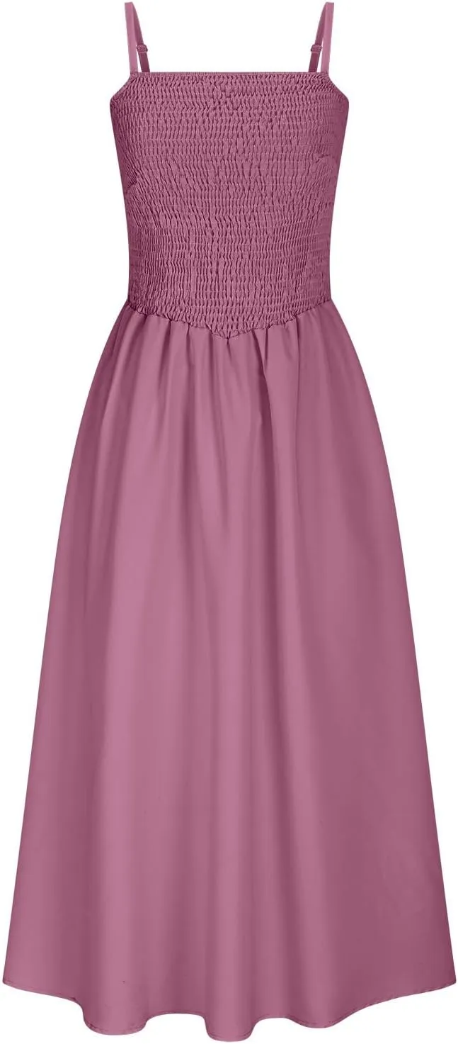 Maxi Sundresses for Women Smocked Square Neck Spaghetti Strap Skater Dress Summer Tiered Ruffle Dresses with Pockets