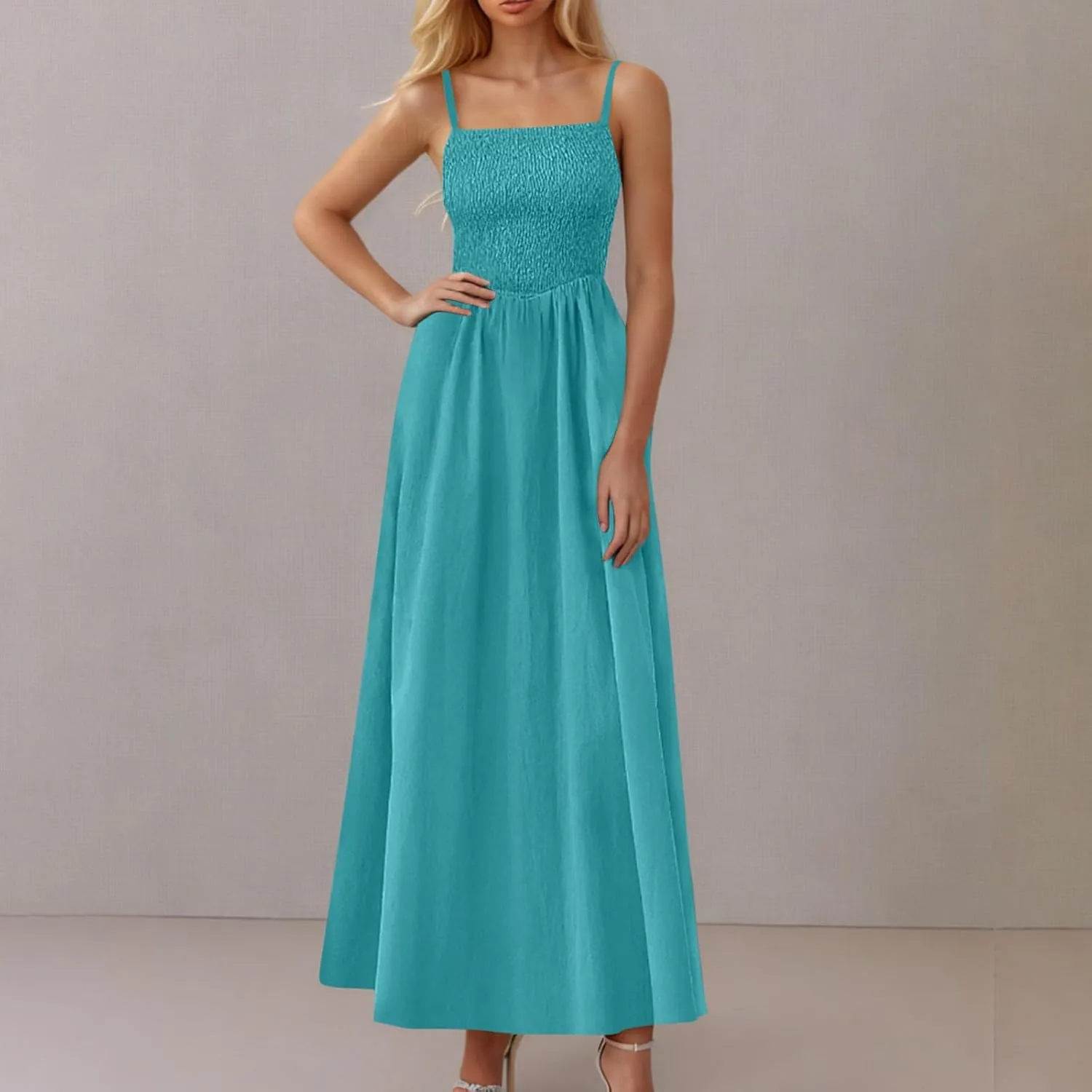 Maxi Sundresses for Women Smocked Square Neck Spaghetti Strap Skater Dress Summer Tiered Ruffle Dresses with Pockets