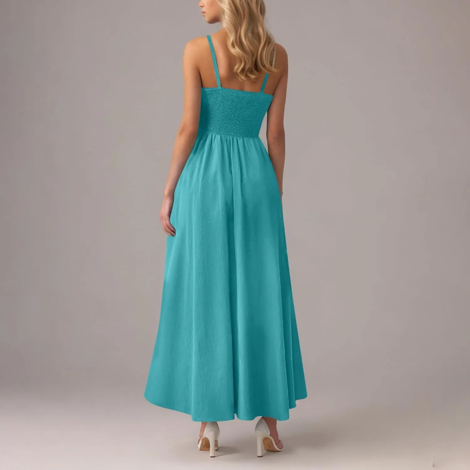 Maxi Sundresses for Women Smocked Square Neck Spaghetti Strap Skater Dress Summer Tiered Ruffle Dresses with Pockets