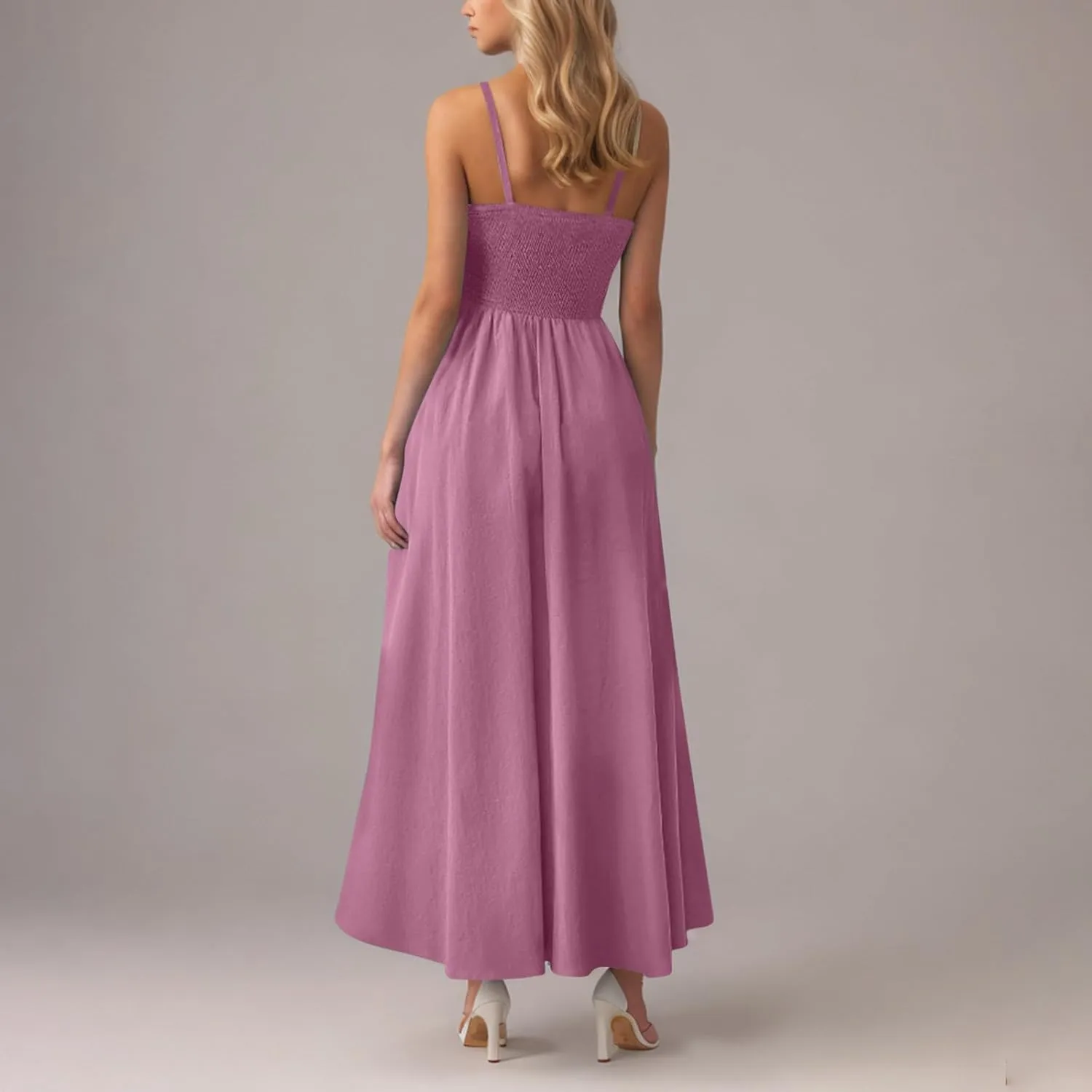 Maxi Sundresses for Women Smocked Square Neck Spaghetti Strap Skater Dress Summer Tiered Ruffle Dresses with Pockets