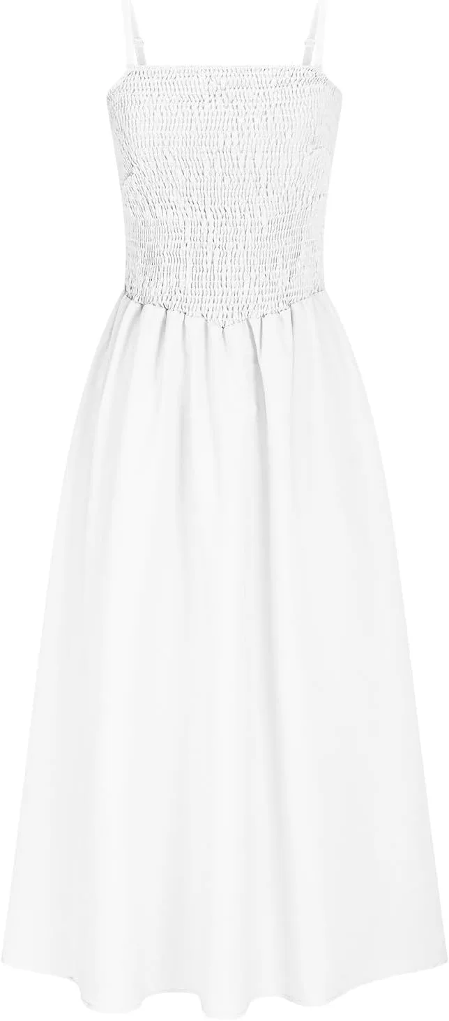 Maxi Sundresses for Women Smocked Square Neck Spaghetti Strap Skater Dress Summer Tiered Ruffle Dresses with Pockets