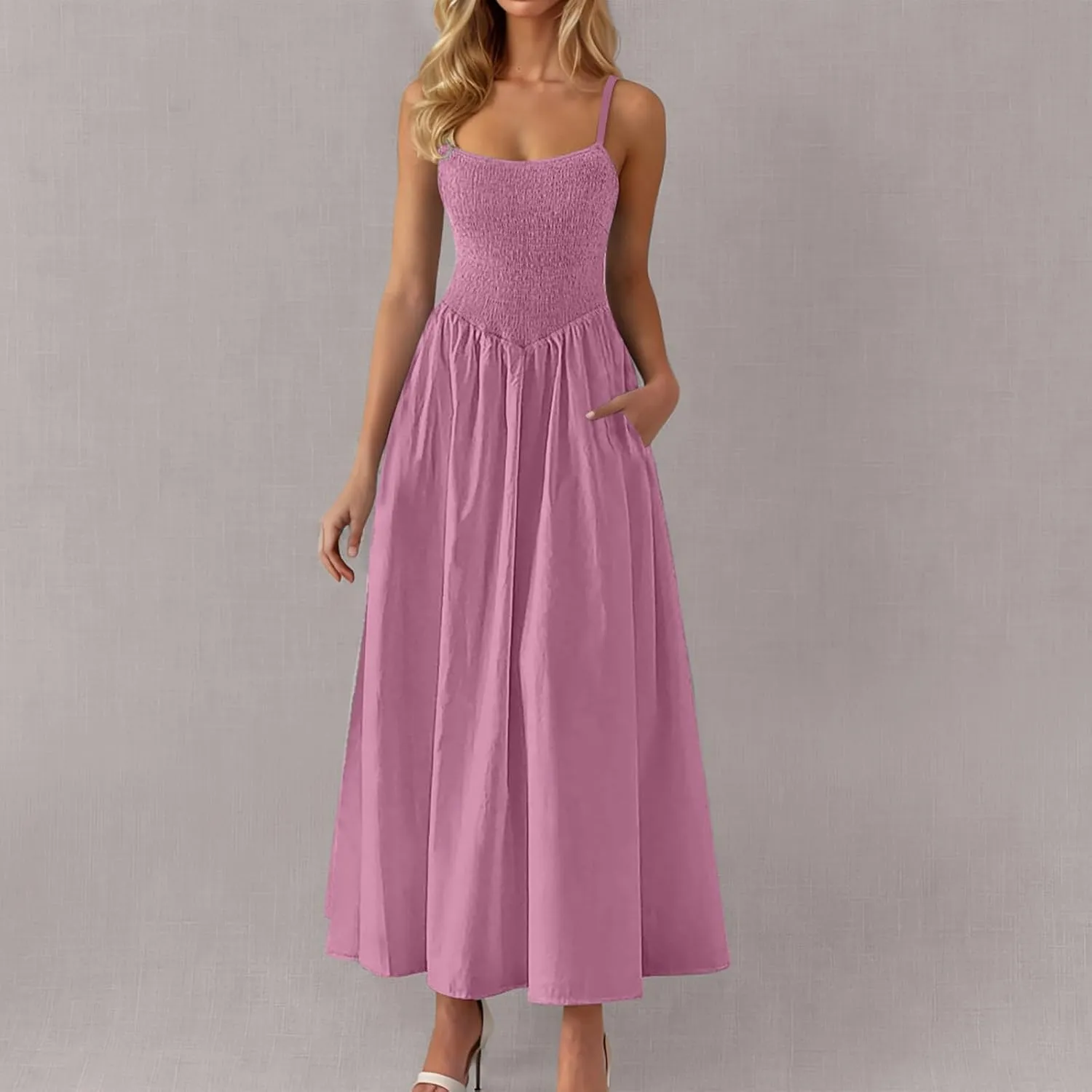 Maxi Sundresses for Women Smocked Square Neck Spaghetti Strap Skater Dress Summer Tiered Ruffle Dresses with Pockets