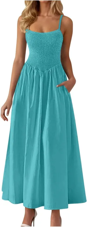 Maxi Sundresses for Women Smocked Square Neck Spaghetti Strap Skater Dress Summer Tiered Ruffle Dresses with Pockets