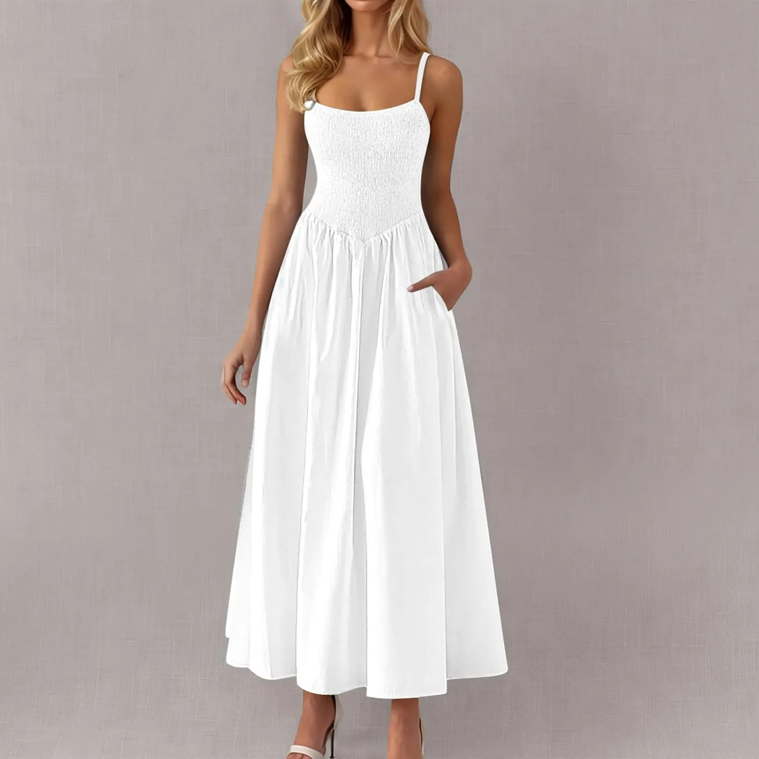 Maxi Sundresses for Women Smocked Square Neck Spaghetti Strap Skater Dress Summer Tiered Ruffle Dresses with Pockets