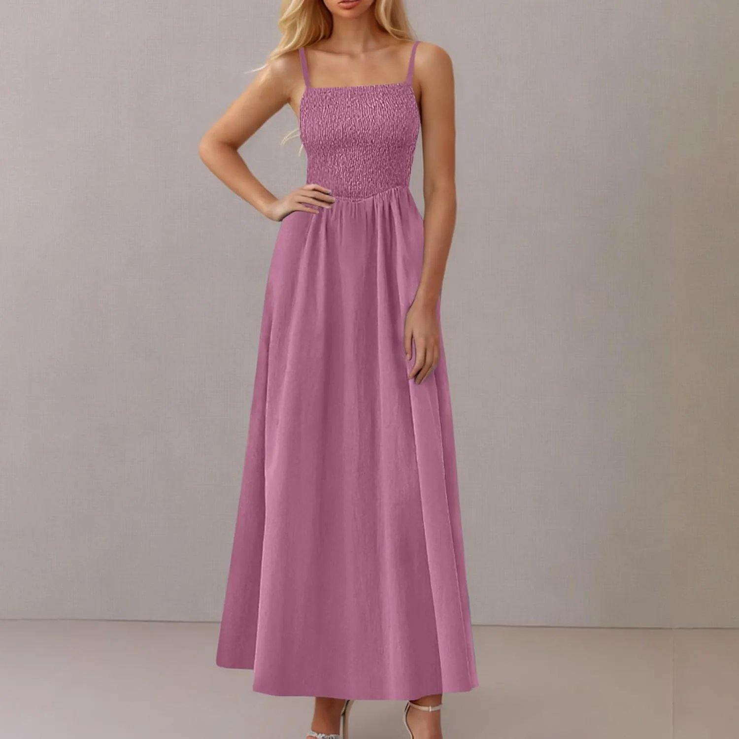 Maxi Sundresses for Women Smocked Square Neck Spaghetti Strap Skater Dress Summer Tiered Ruffle Dresses with Pockets