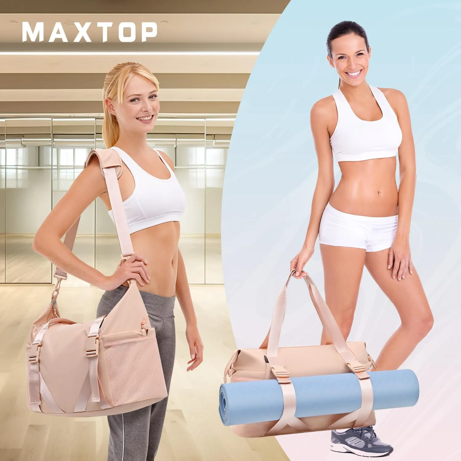 MAXTOP Women's Gym Yoga Duffle Bag with Shoe Pouch,Multi-Purpose Overnight Travel Bag for Gym,Work, Dance, Sports
