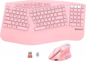 MEETION 2025 Upgrade Pink Ergonomic Keyboard and Mouse, Multi-Device Bluetooth/2.4G Keyboard, 3 DPI Adjustable Wireless Mouse, Full-Sized Rechargeable Cordless for PC/Computer/Laptop/Window