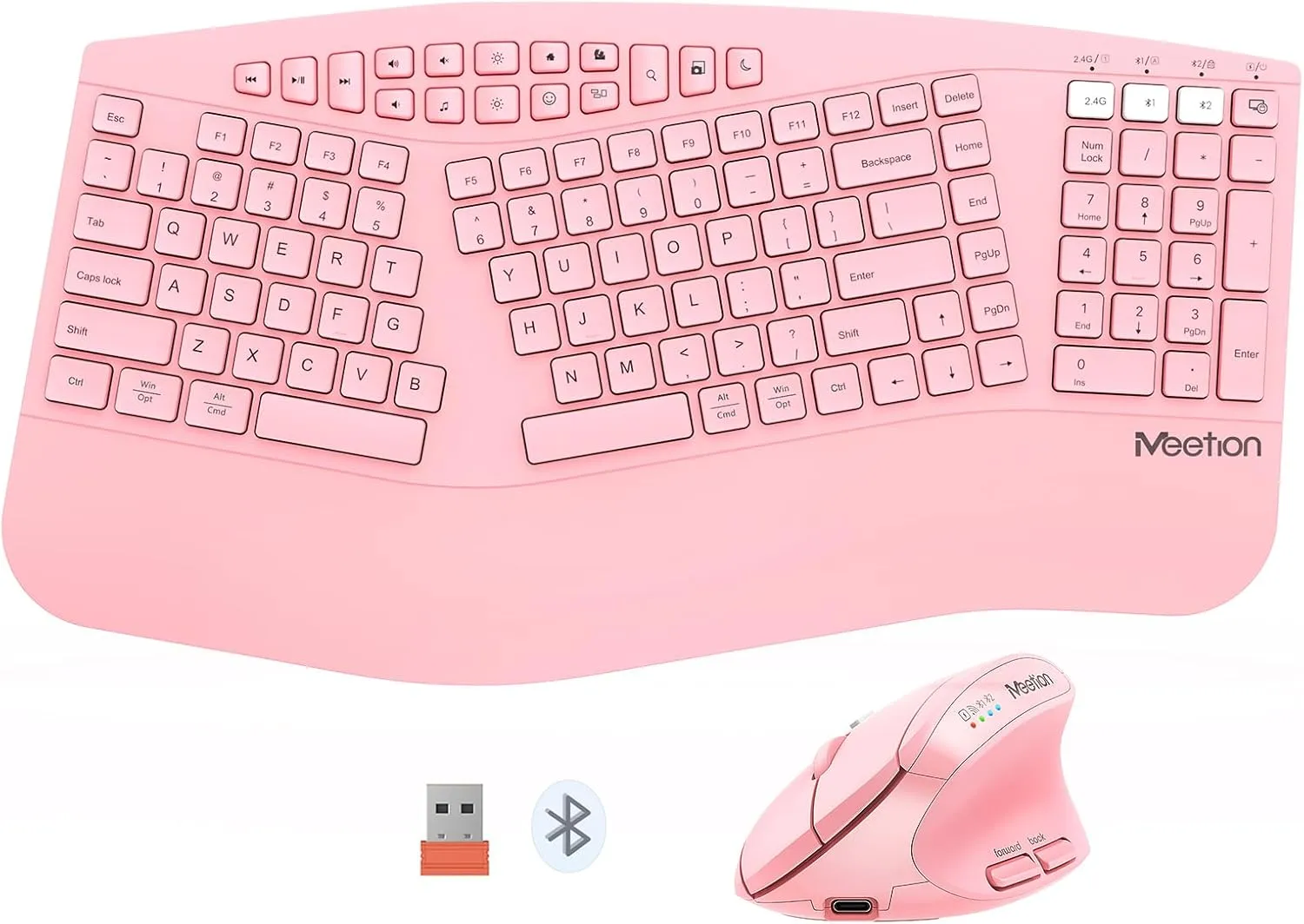 MEETION 2025 Upgrade Pink Ergonomic Keyboard and Mouse, Multi-Device Bluetooth/2.4G Keyboard, 3 DPI Adjustable Wireless Mouse, Full-Sized Rechargeable Cordless for PC/Computer/Laptop/Window