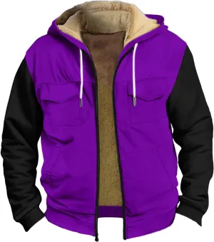 Men Coats Winter Sherpa Fleece Lined Long Sleeve Jackets Vintage Print Zipper Coats Comfy Dressy Hoodies