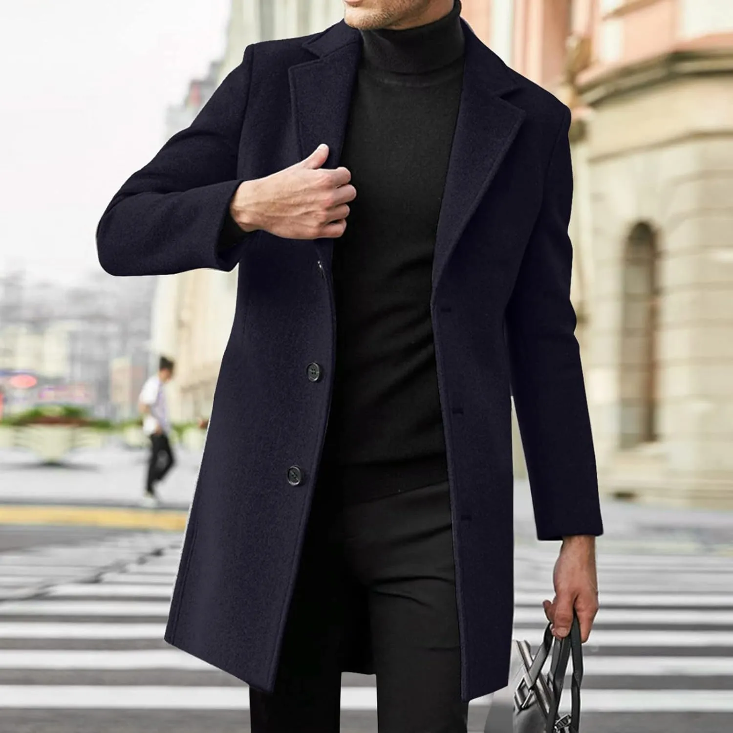 Men's Casual Trench Coat Slim Fit Notched Collar Mid Long Jacket Loose Blend Overcoat Business Warm Winter Coat