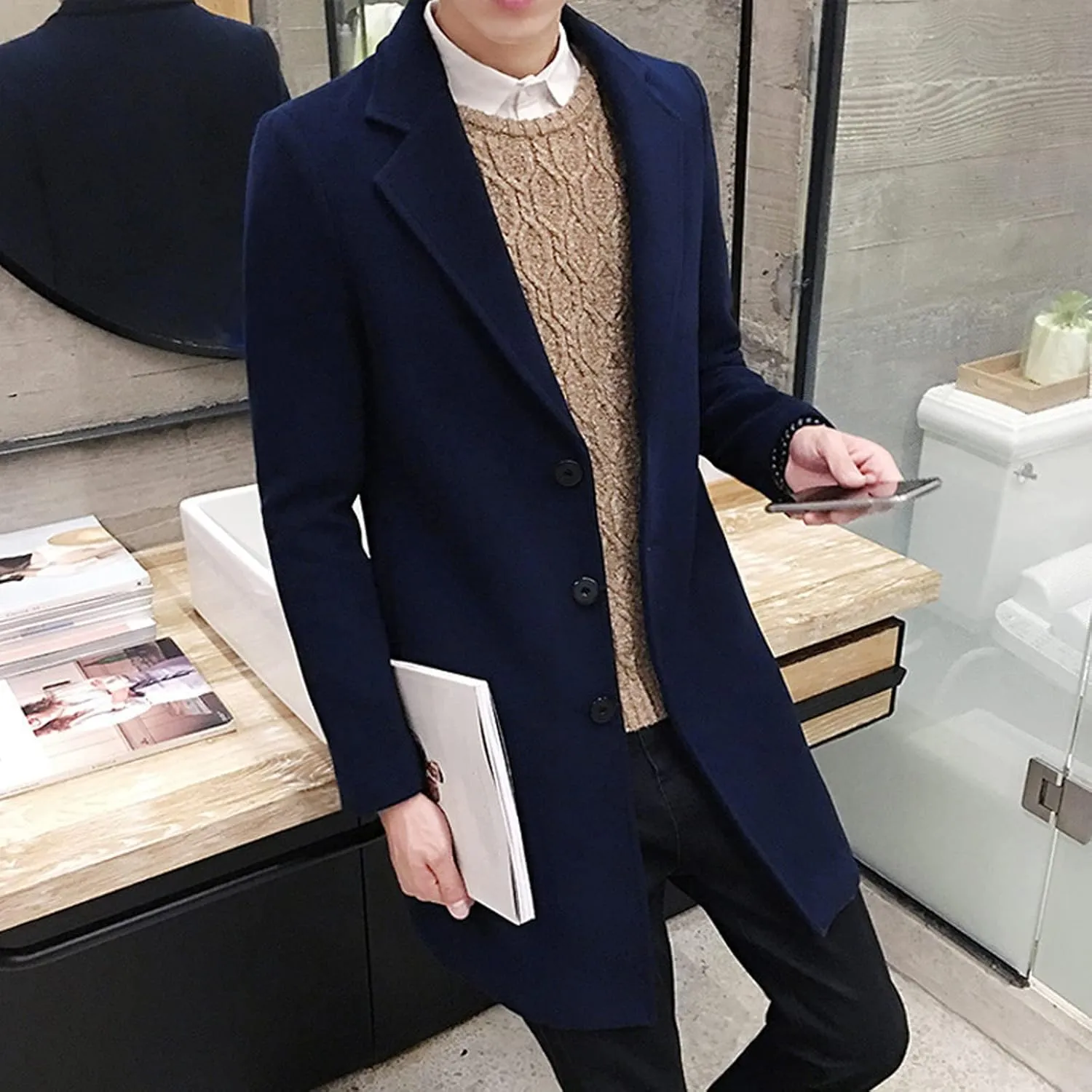 Men's Casual Trench Coat Slim Fit Notched Collar Mid Long Jacket Loose Blend Overcoat Business Warm Winter Coat