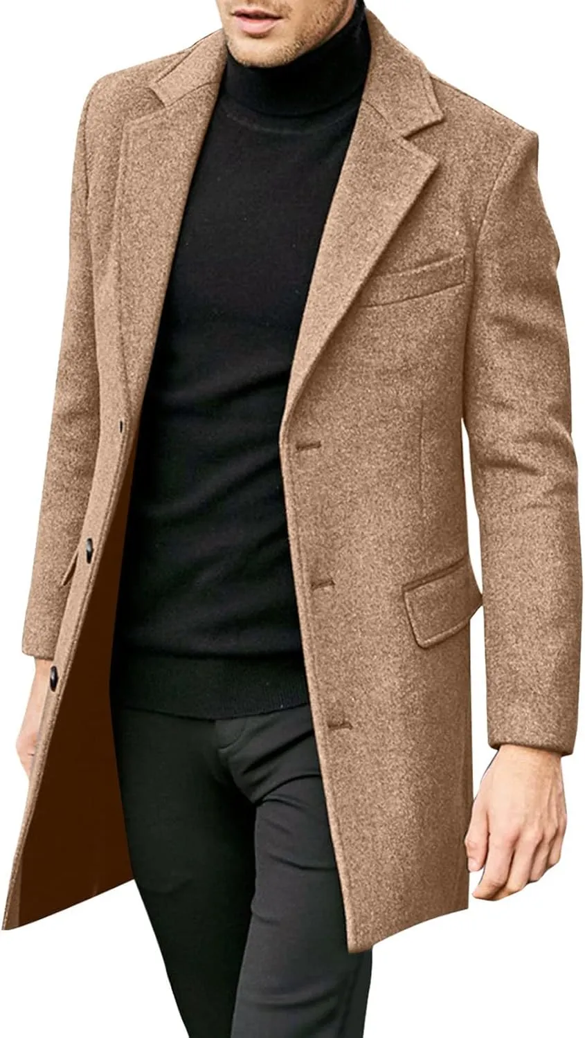 Men's Casual Trench Coat Slim Fit Notched Collar Mid Long Jacket Loose Blend Overcoat Business Warm Winter Coat