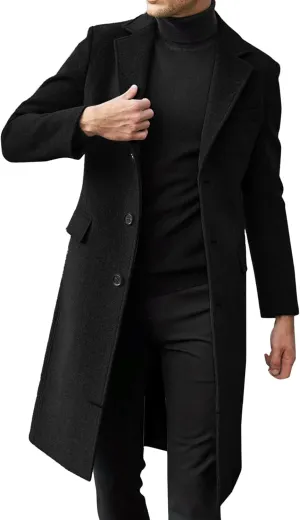 Men's Casual Trench Coat Slim Fit Notched Collar Mid Long Jacket Loose Blend Overcoat Business Warm Winter Coat