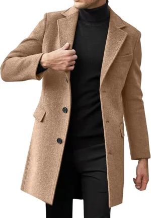 Men's Casual Trench Coat Slim Fit Notched Collar Mid Long Jacket Loose Blend Overcoat Business Warm Winter Coat