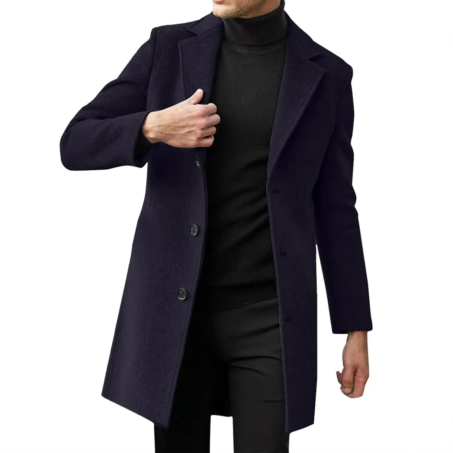Men's Casual Trench Coat Slim Fit Notched Collar Mid Long Jacket Loose Blend Overcoat Business Warm Winter Coat