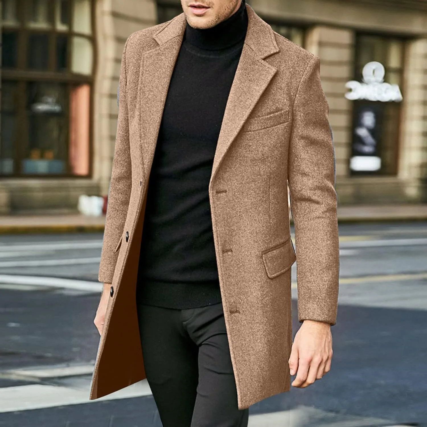 Men's Casual Trench Coat Slim Fit Notched Collar Mid Long Jacket Loose Blend Overcoat Business Warm Winter Coat