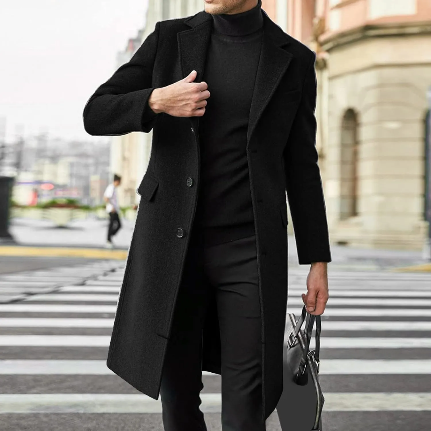 Men's Casual Trench Coat Slim Fit Notched Collar Mid Long Jacket Loose Blend Overcoat Business Warm Winter Coat