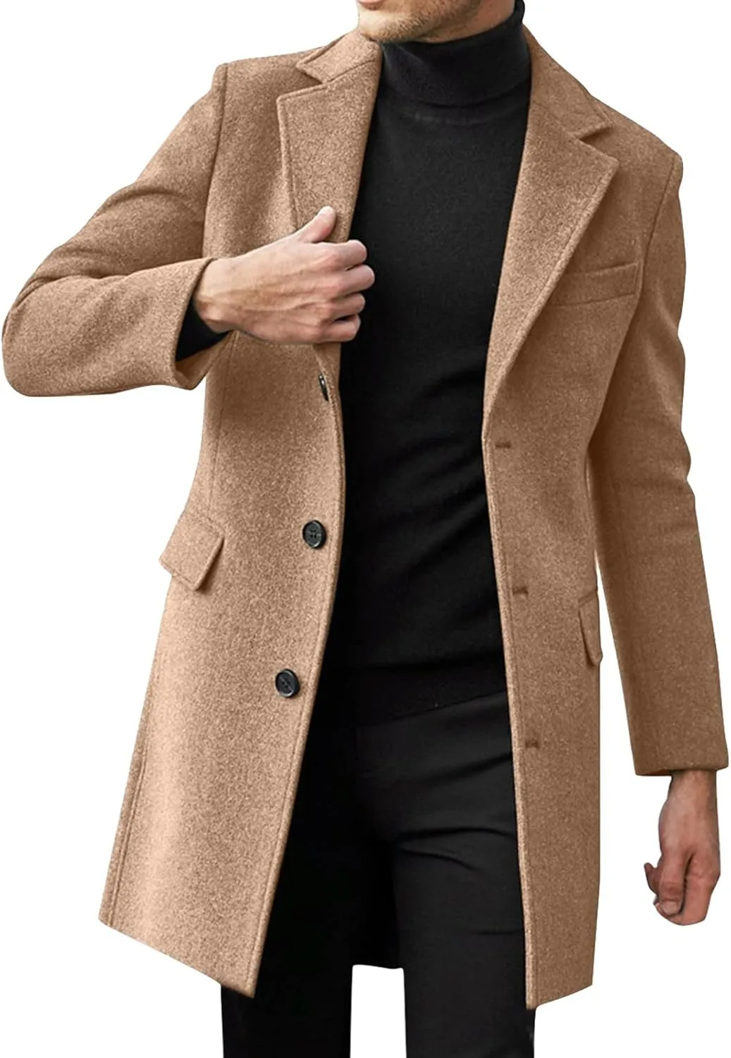 Men's Casual Trench Coat Slim Fit Notched Collar Mid Long Jacket Loose Blend Overcoat Business Warm Winter Coat