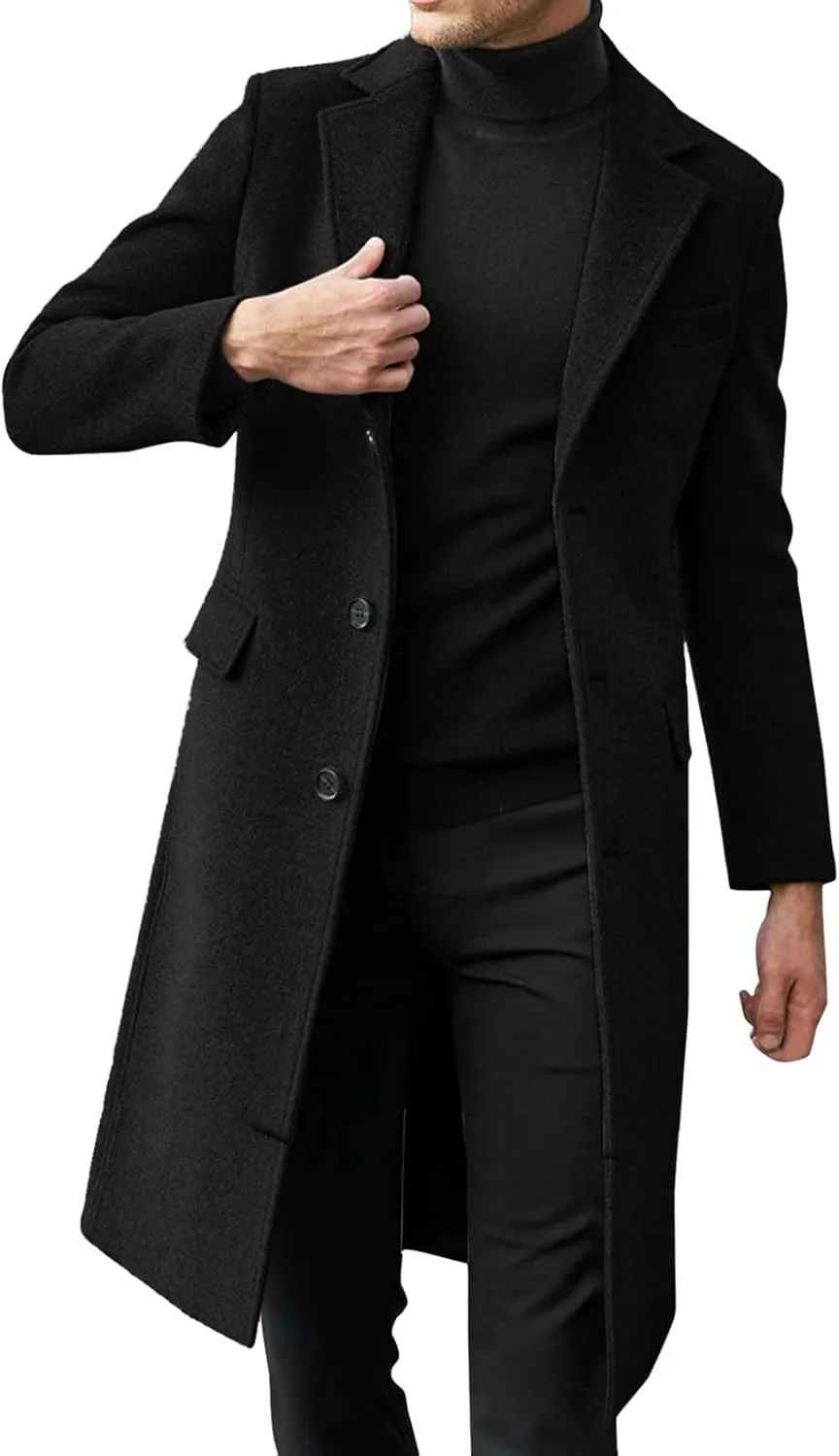 Men's Casual Trench Coat Slim Fit Notched Collar Mid Long Jacket Loose Blend Overcoat Business Warm Winter Coat
