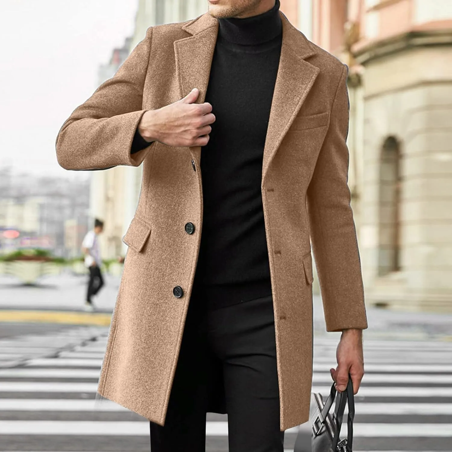Men's Casual Trench Coat Slim Fit Notched Collar Mid Long Jacket Loose Blend Overcoat Business Warm Winter Coat