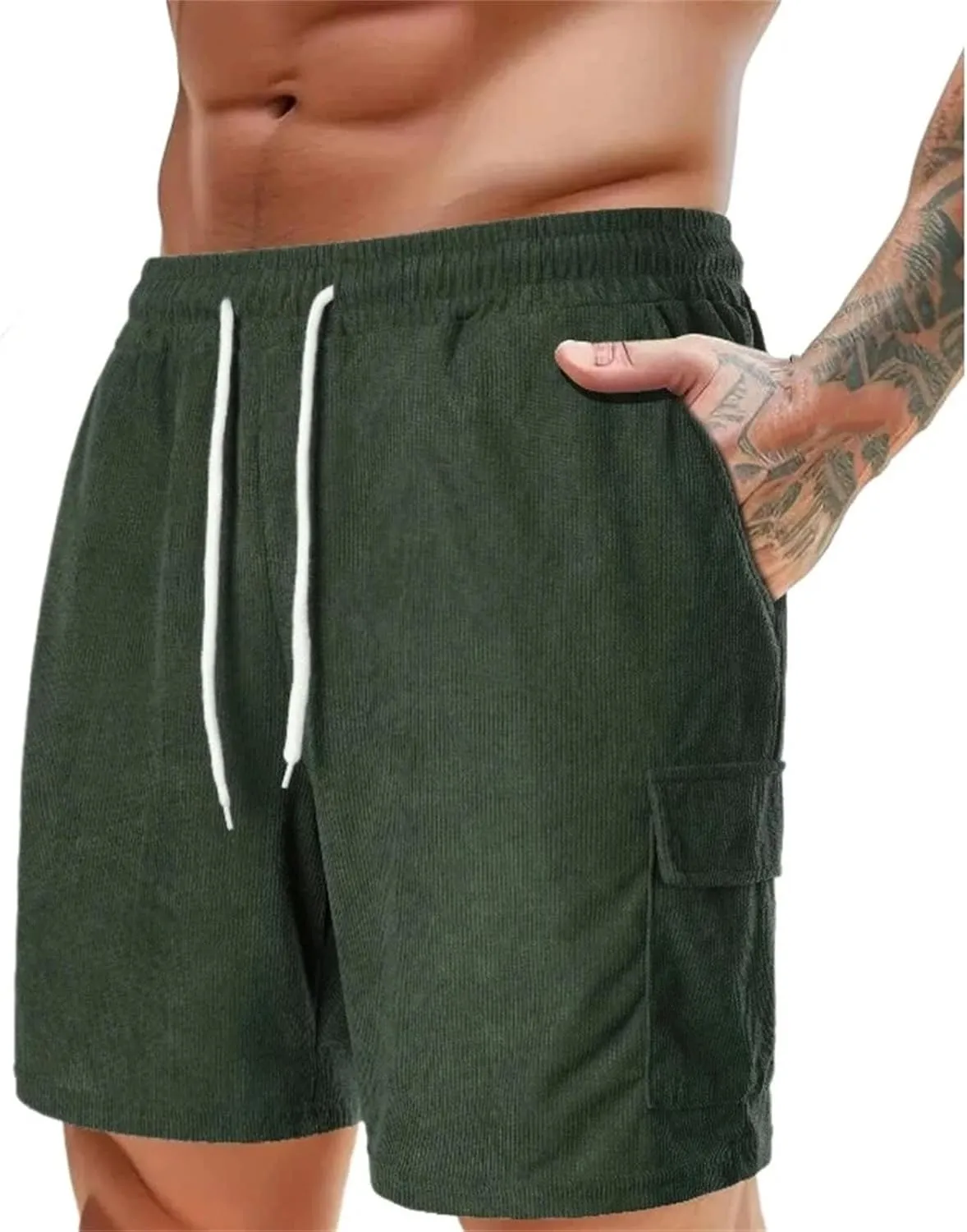 Men's Corduroy Shorts Breathable Beach Shorts with Pockets Drawstring Waist Gym Shorts Casual Sweatpants