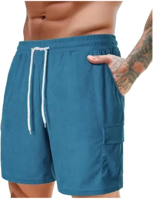 Men's Corduroy Shorts Breathable Beach Shorts with Pockets Drawstring Waist Gym Shorts Casual Sweatpants