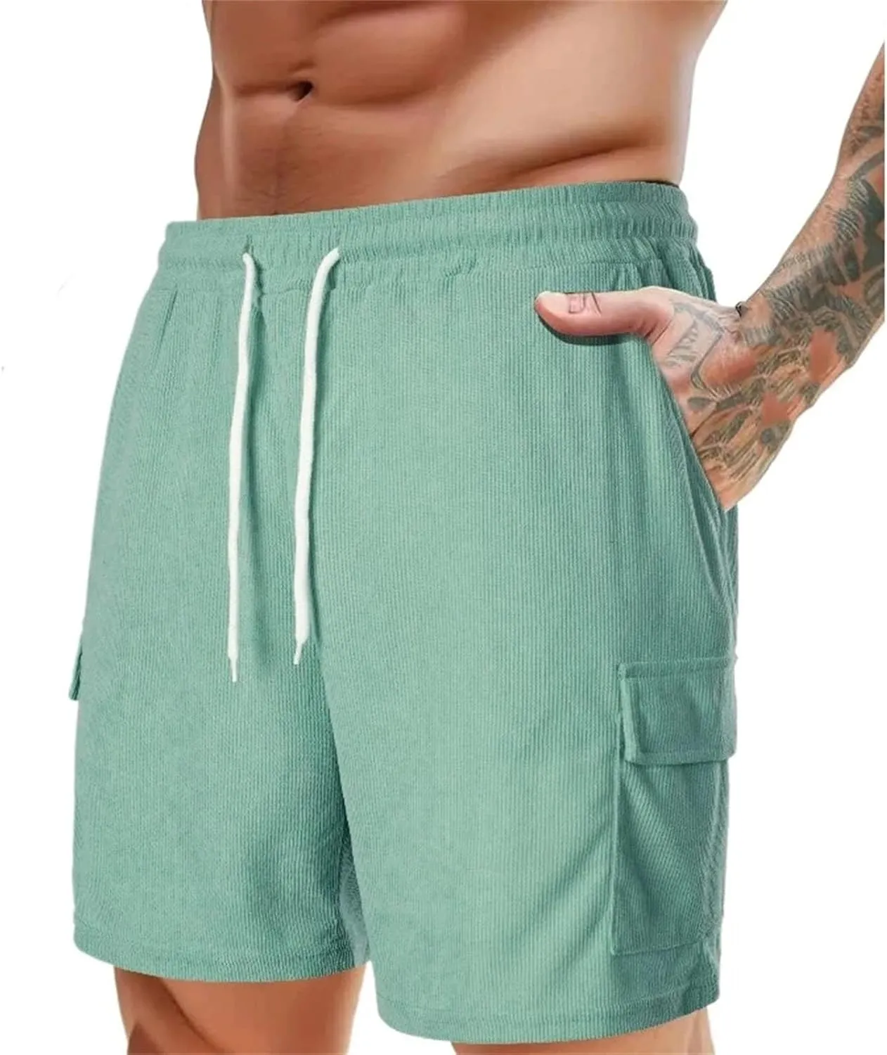 Men's Corduroy Shorts Breathable Beach Shorts with Pockets Drawstring Waist Gym Shorts Casual Sweatpants